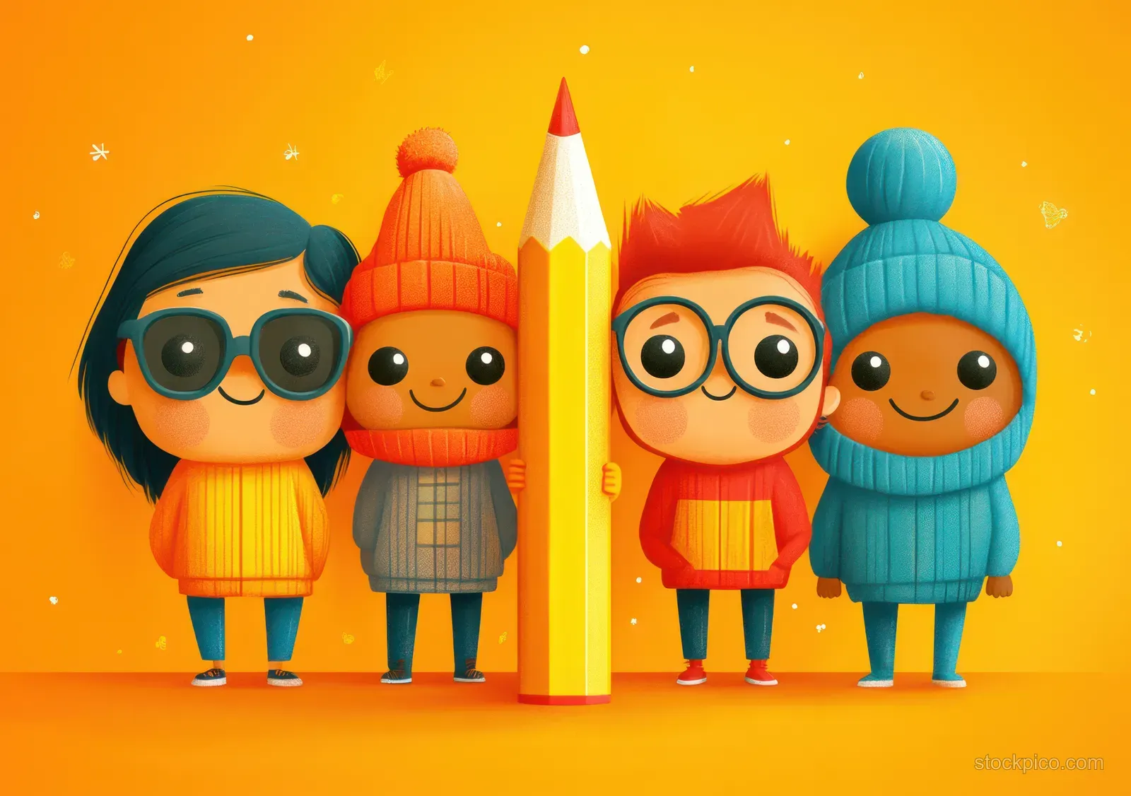 Four colorful cartoon teammates stand around a giant pencil on an orange background.
