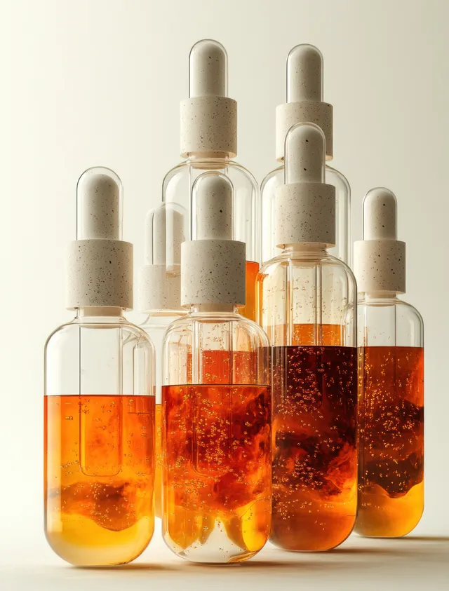 Floating glass ampoules with amber liquid bubbles on a clean white medical backdrop