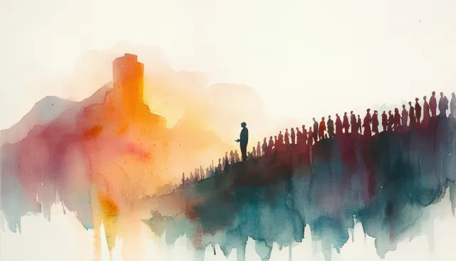 Jesus preaching on a desert hillside, watercolor crowd silhouettes and glowing mist