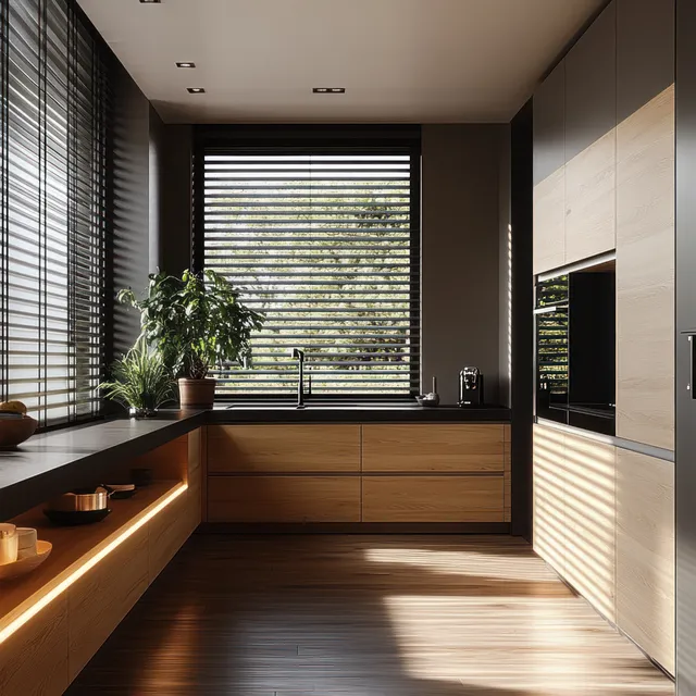 Modern kitchen corner with black cabinetry, wood counters, and sunlit horizontal blind shadows