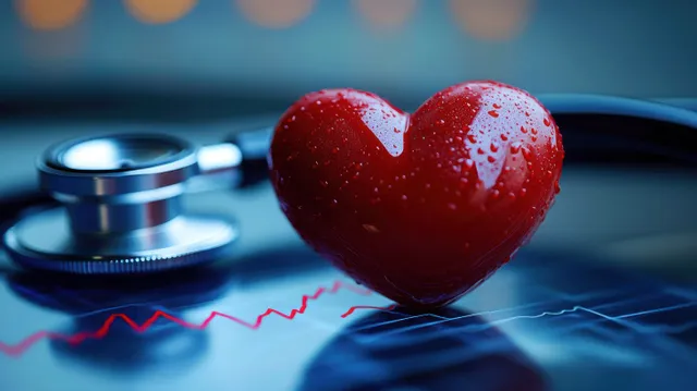 A shiny red heart with water droplets beside a stethoscope and an illuminated heart rate graph on a clinical surface.