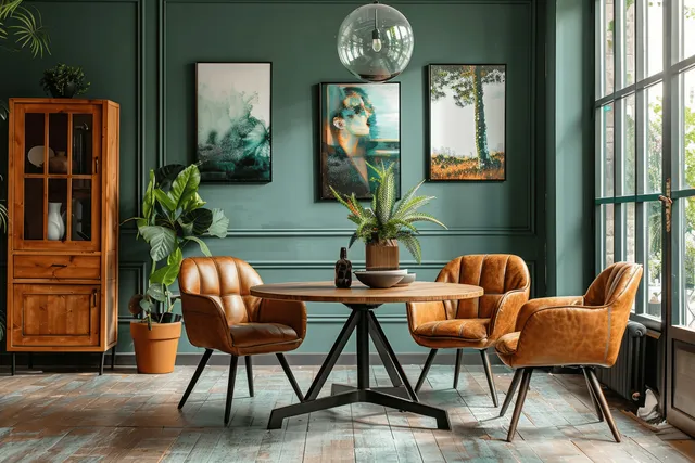 Scandinavian dining room with brown leather chairs, round table, green wall art