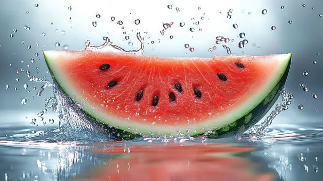 Ripe watermelon slice splashes into clear water with droplets frozen mid-air.