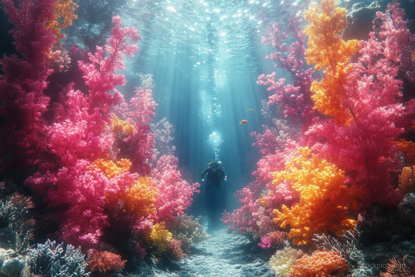 A scuba diver swims among vibrant soft corals while schools of fish scatter in clear blue water.