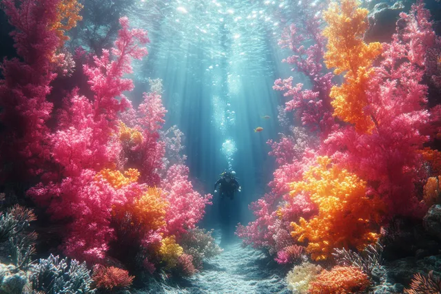 Scuba diver swimming through glowing coral garden, schools of fish swirling overhead