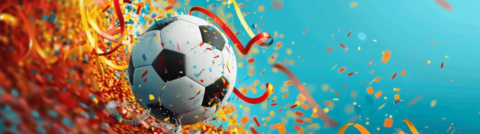 A soccer ball with red and yellow confetti and ribbon streamers exploding against a blue background.