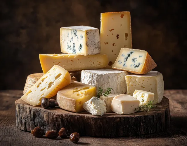 Assorted cheese cubes on a rustic wooden slab with nuts and herbs under warm lighting.