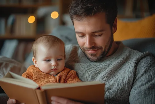 Father and baby sit close on a couch reading an open book together during cozy indoor storytime.