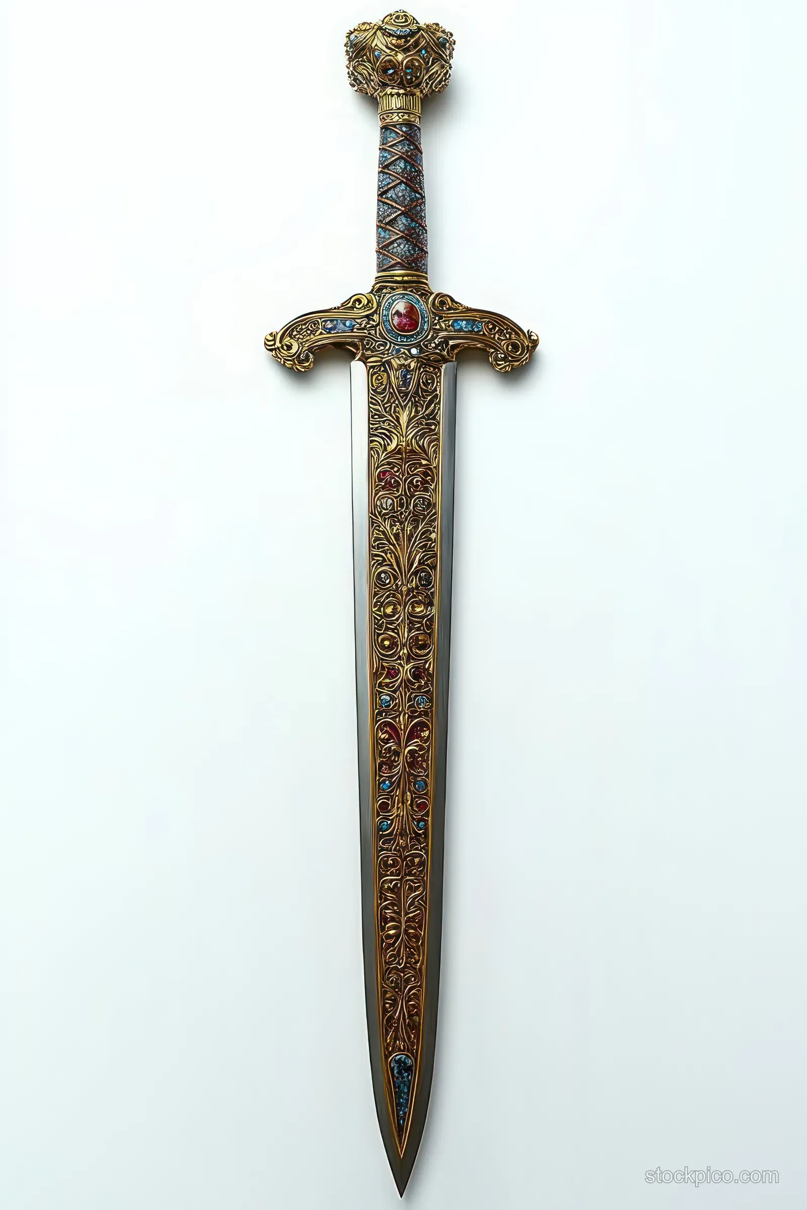 Ornate decorative sword standing upright on a white background with gold engravings and gem inlays.
