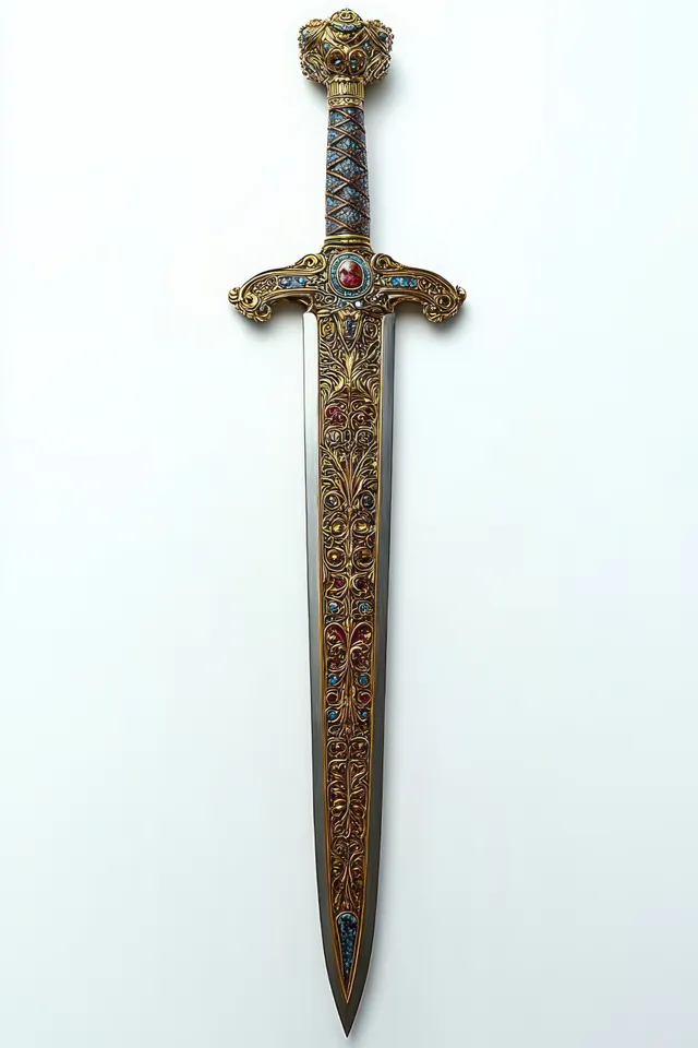 Ornate decorative sword standing upright on a white background with gold engravings and gem inlays.
