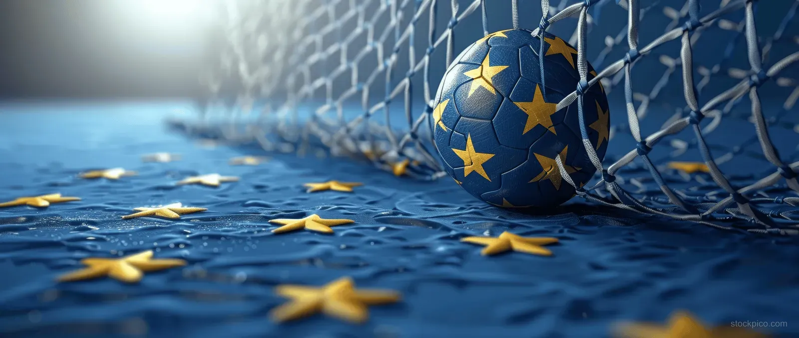 Blue goal net with a soccer ball and scattered gold star shapes flying toward the viewer.