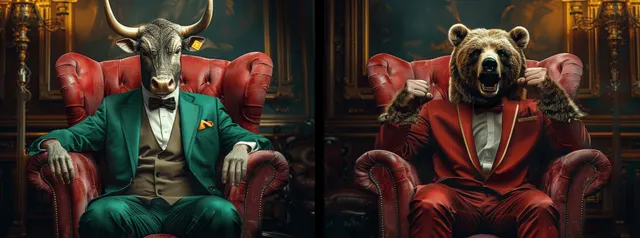 Bull and bear characters in suits face each other in a cinematic split-screen, suggesting stock market trading.