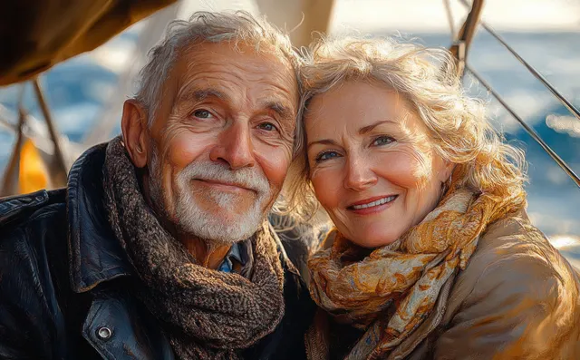 An elderly couple smiles together on a yacht with bright ocean light behind them.