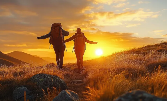 Two hikers walk along a rocky grassy trail at sunset with arms outstretched against a golden sky.