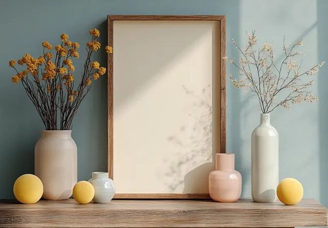 Centered wooden picture frame with pastel ceramic vases and small eggs on a sunlit wooden shelf.