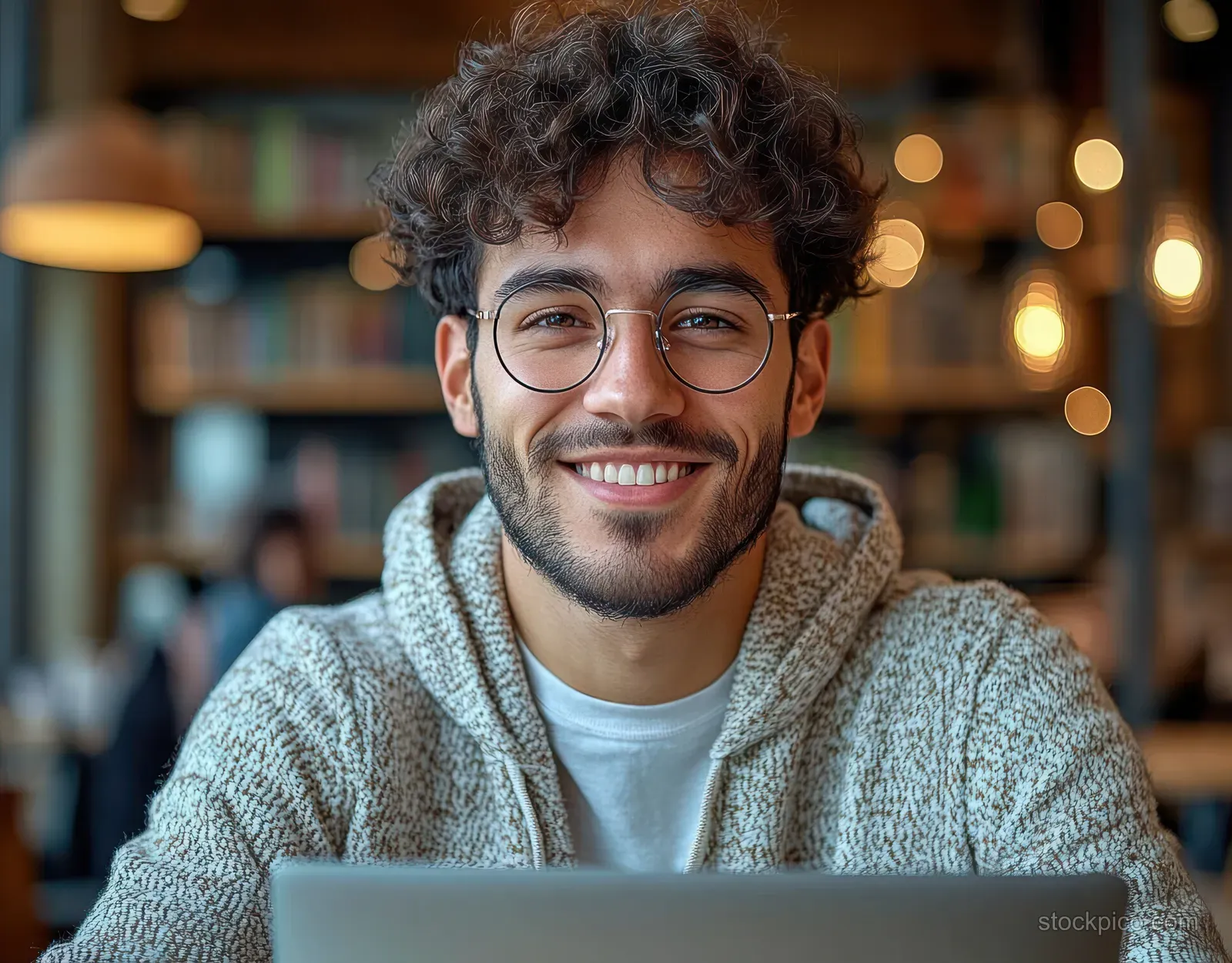 Curly-haired man with glasses smiles at the camera while using a laptop in a cozy indoor library setting.
