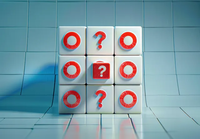 A minimalist tic tac toe grid with red circular markers and question marks on white tiles, symbolizing uncertainty and strategy.