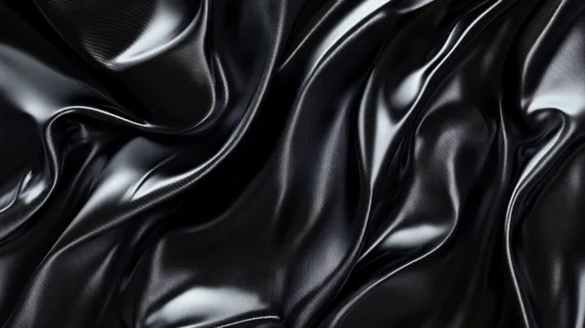 Black satin fabric drapes in flowing folds with glossy reflective highlights across the dark surface.