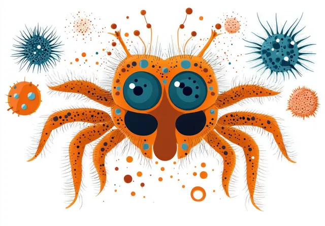 Cartoon dust mite characters surrounded by floating orange specks and small spore-like dots on a white background.