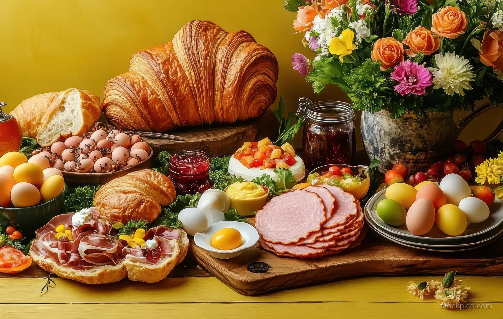 Croissants, sliced ham, boiled eggs, jams, and a colorful flower bouquet arranged on a wooden breakfast table.