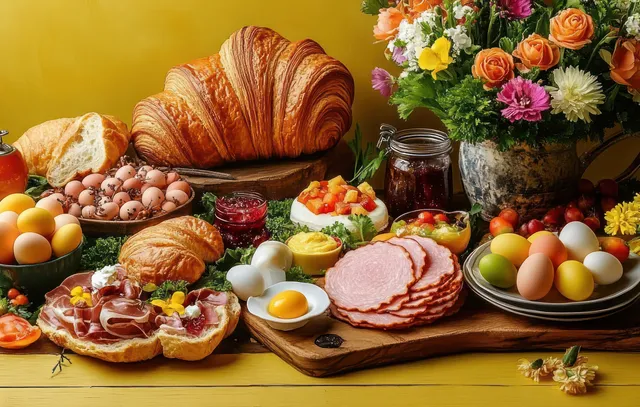Croissants, sliced ham, boiled eggs, jams, and a colorful flower bouquet arranged on a wooden breakfast table.