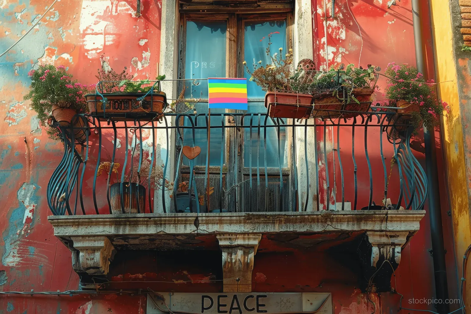 Rainbow peace flag and potted plants hang on a historic Roman balcony with an inclusion message sign.