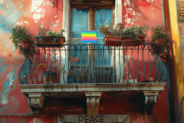 Rainbow peace flag and potted plants hang on a historic Roman balcony with an inclusion message sign.