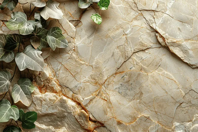 Beige marble and weathered plaster texture background adorned with ivy leaves, creating a vintage and natural aesthetic.