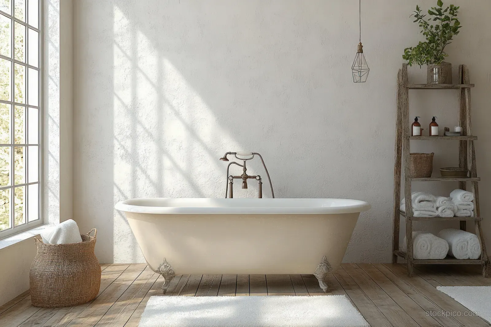 Freestanding vintage bathtub in a sunlit bathroom with rustic shelves holding neatly folded towels.