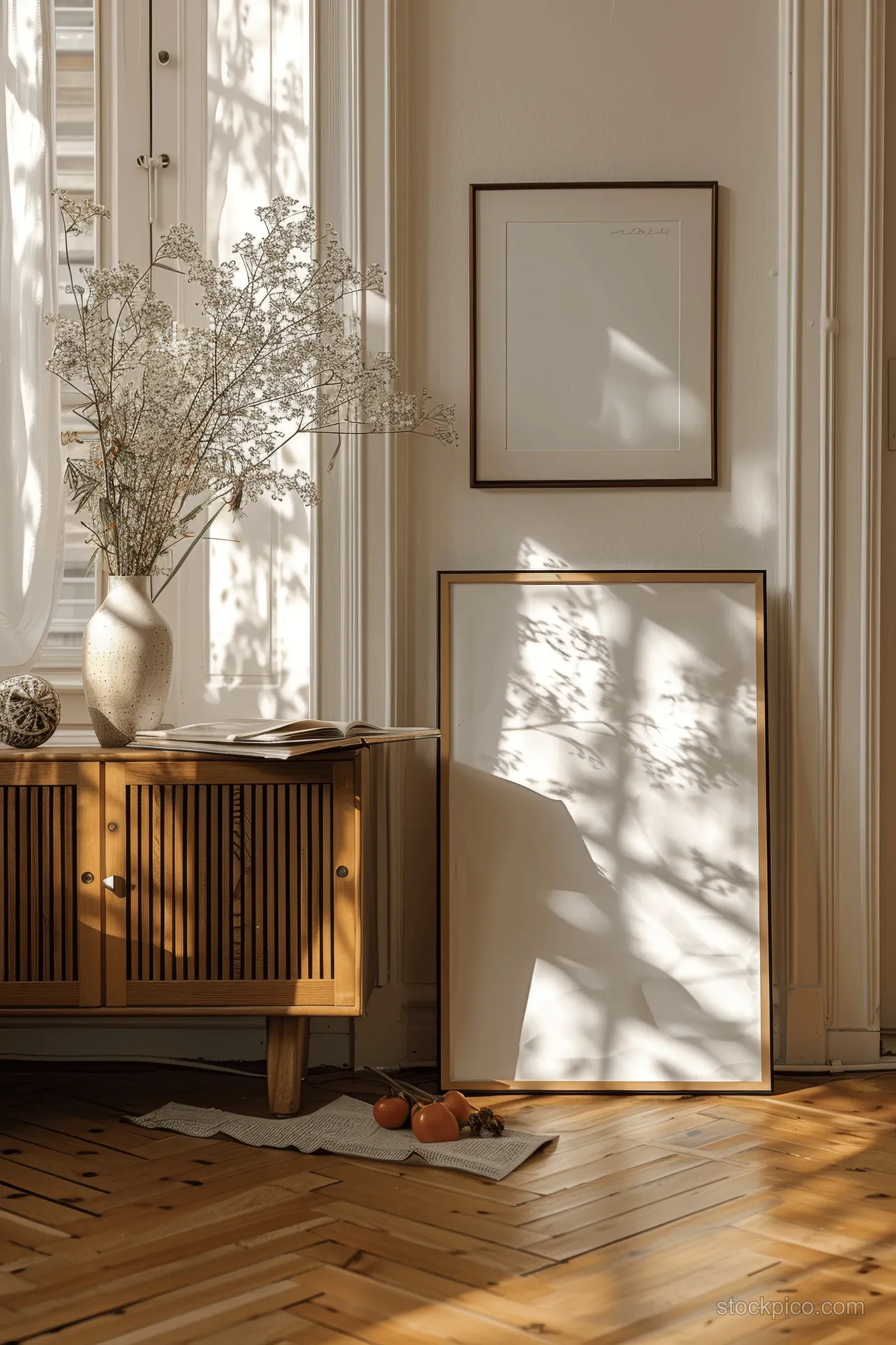 Wooden sideboard and framed white poster in a Scandinavian living room with warm sunlight on a parquet floor.