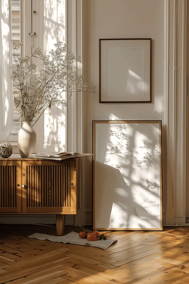 Wooden sideboard and framed white poster in a Scandinavian living room with warm sunlight on a parquet floor.