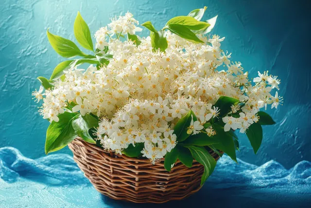 Woven basket of white blossoms and green leaves on textured blue draped fabric backdrop
