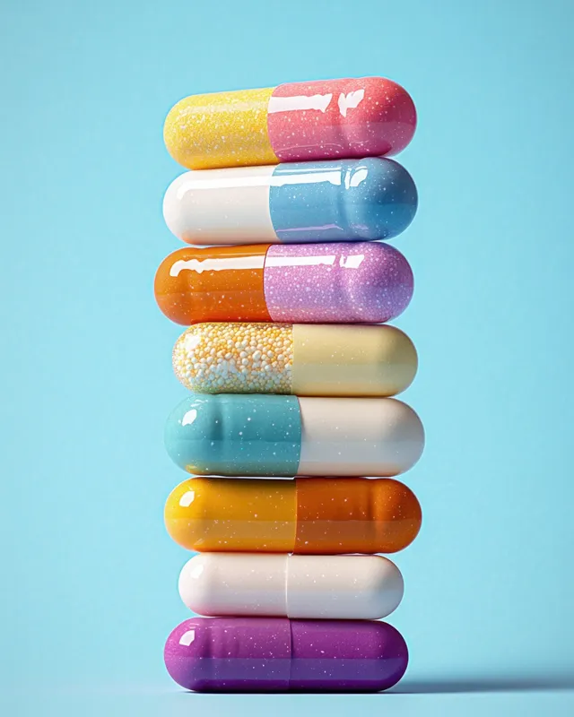 Stack of colorful glossy capsules balanced vertically on a light blue background