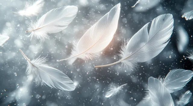 White feathers drifting through snowy particles on a dark gray misty background