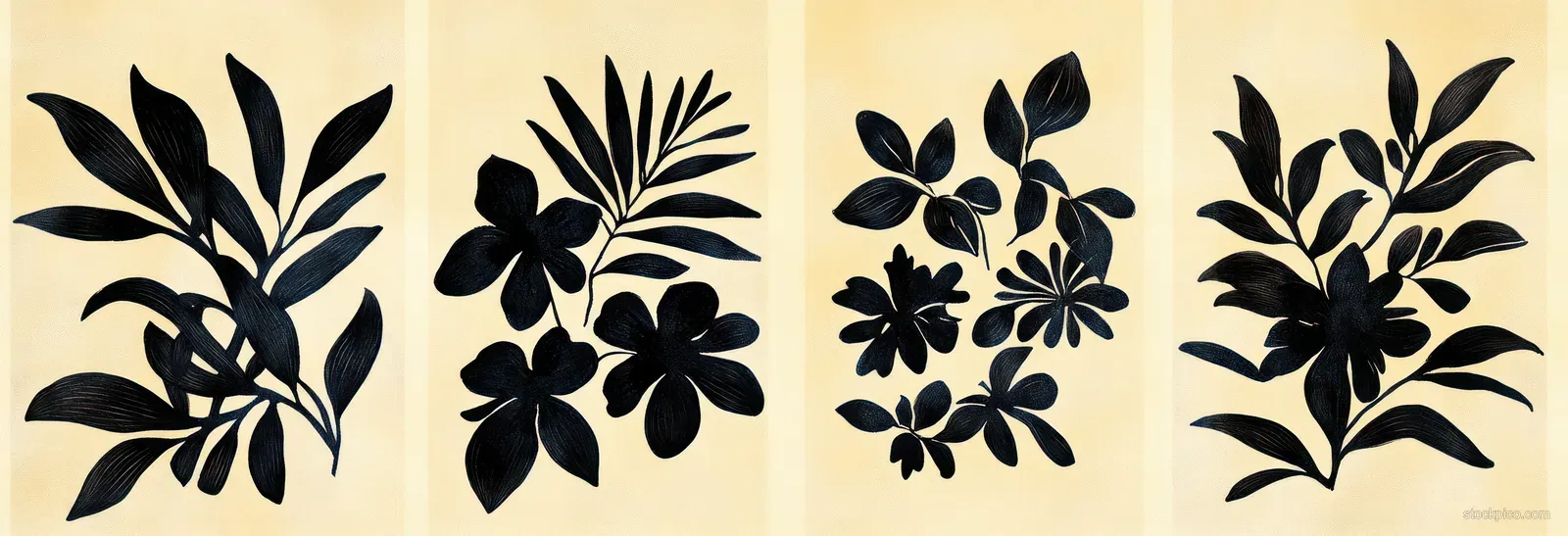 Four vertical panels with black leafy and floral silhouettes on a beige background.