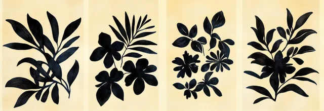 Four vertical botanical silhouette panels on beige with varied leafy arrangements