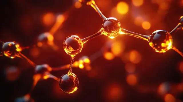 Glowing orange atoms connected by thin bonds against a dark red bokeh background.