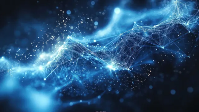 Futuristic blue geometric network spreading across dark space with glowing connection lines