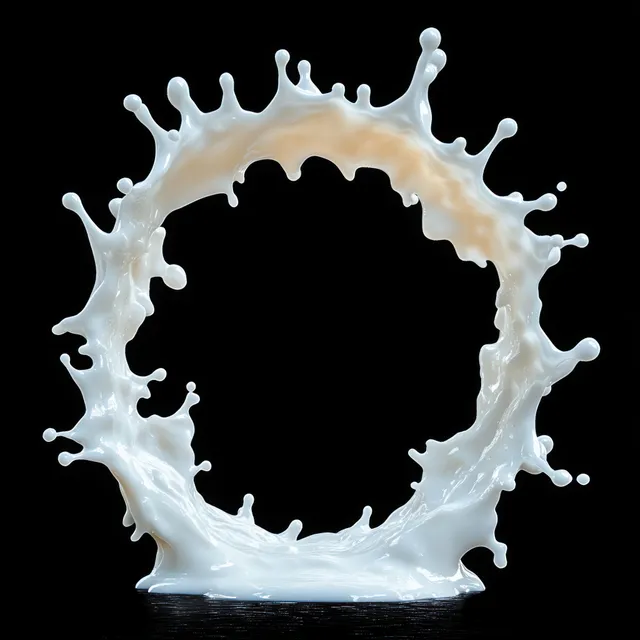 White milk splash forms a ring with droplets suspended on a black background.