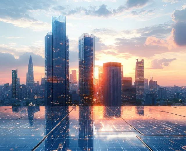 Glass skyscrapers reflect sunset over solar panels in a modern business district skyline