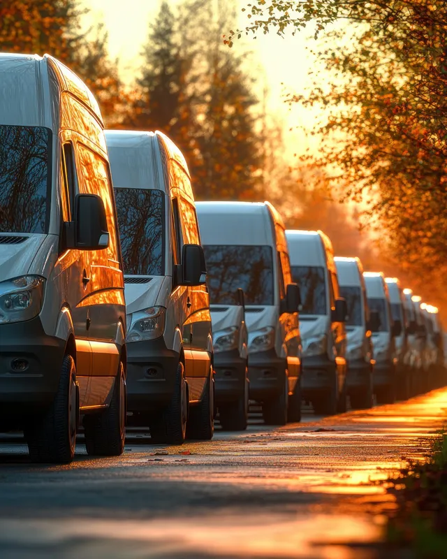 White delivery vans are parked in a long row along a tree-lined street during a golden autumn sunset.