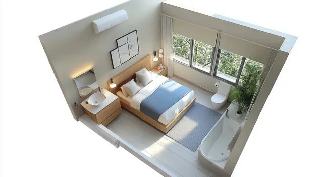 Top-down view of a minimalist bedroom with a bed, bedside lamps, and bright natural light through large windows.
