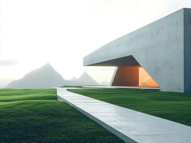 Angular concrete modern house with warm window light sits on green grass near mountain silhouettes at sunset.