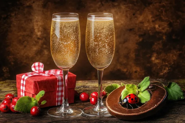 Two champagne glasses with sparkling bubbles rest beside a red plaid gift box and berries on a rustic wooden table.