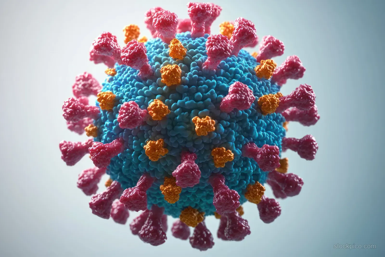 A colorful 3D coronavirus particle with spiky surface details against a blurred teal background.