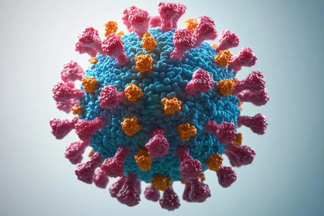 A colorful 3D coronavirus particle with spiky surface details against a blurred teal background.