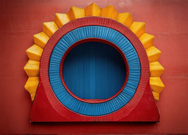 Estructura circular de parque infantil en 3D con anillos rojos y azules y rayos de destello solar amarillos sobre un fondo cálido.