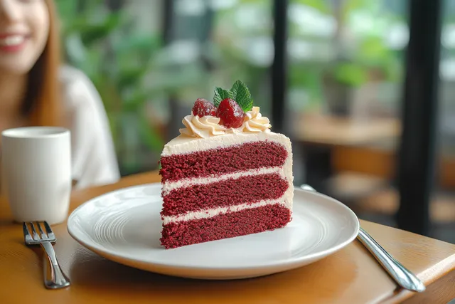 A cheerful young woman enjoys a slice of red velvet cake topped with cream and berries in a cozy café setting.