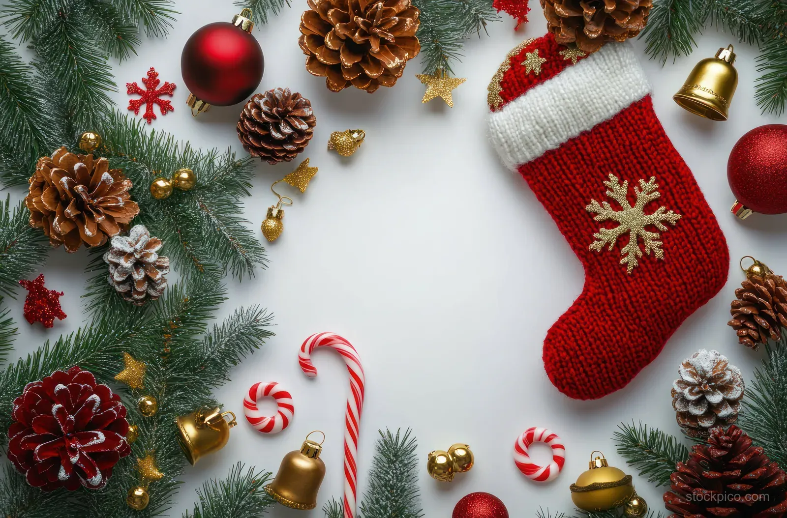 Red knitted Christmas stocking beside pine cones, ornaments, bells, candy canes, and spruce branches on a white background.