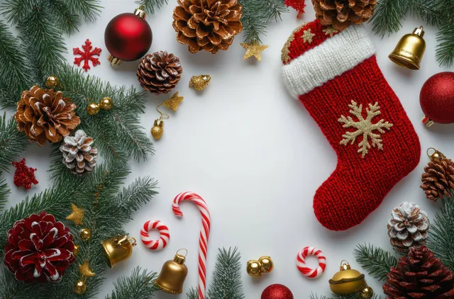 Red knitted Christmas stocking beside pine cones, ornaments, bells, candy canes, and spruce branches on a white background.